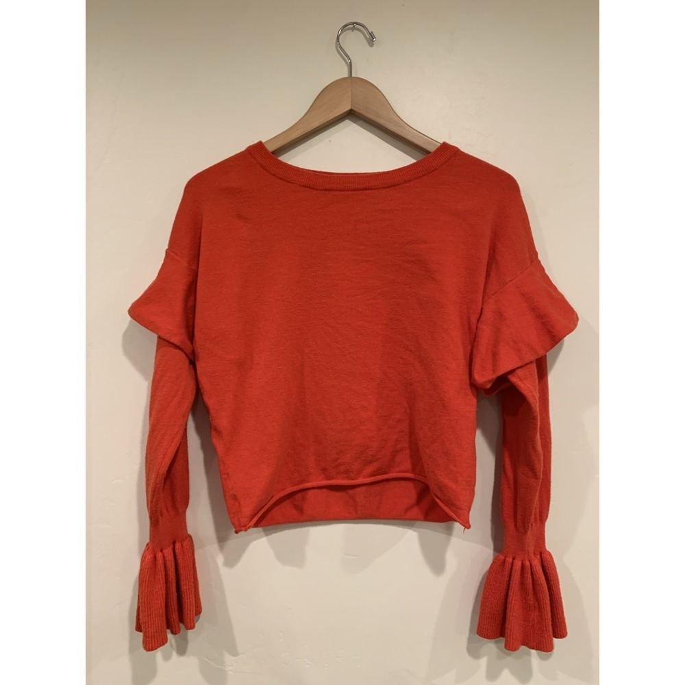 RENVY Red/Orange Ruffle Sleeve Knit Sweater Balletcore Coquette‎ Crop Top Small - Picture 5 of 9